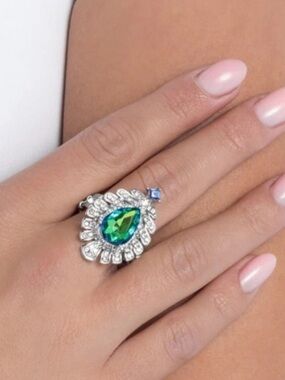 Green-Blue multi Teardrop Halo Ring. Blue and clear accents Fits ring sizes 7-11